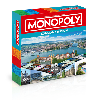 Monopoly Konstanz Edition Verpackung mit Luftaufnahme der Stadt, buntem Spielbrett und Konstanzer Sehenswürdigkeiten