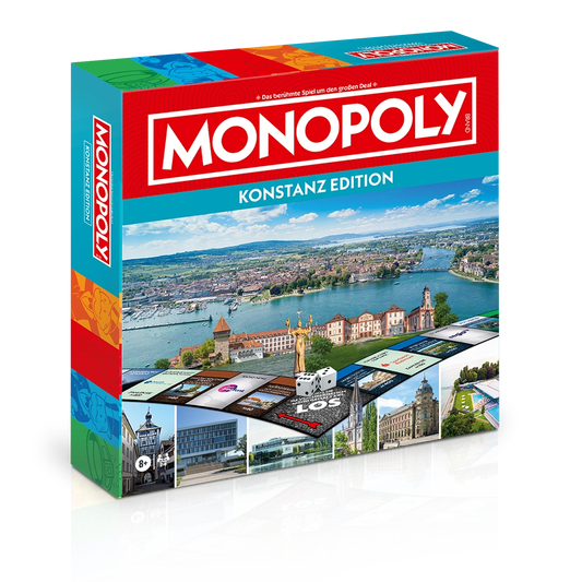 Monopoly Konstanz Edition Verpackung mit Luftaufnahme der Stadt, buntem Spielbrett und Konstanzer Sehenswürdigkeiten
