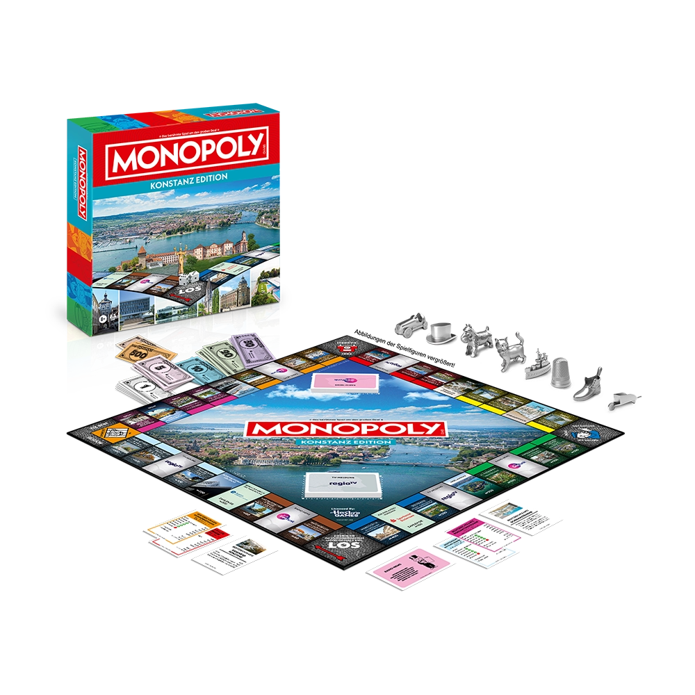 Monopoly Konstanz Spielbrett mit Geldscheinen, Metallspielfiguren und Ereigniskarten