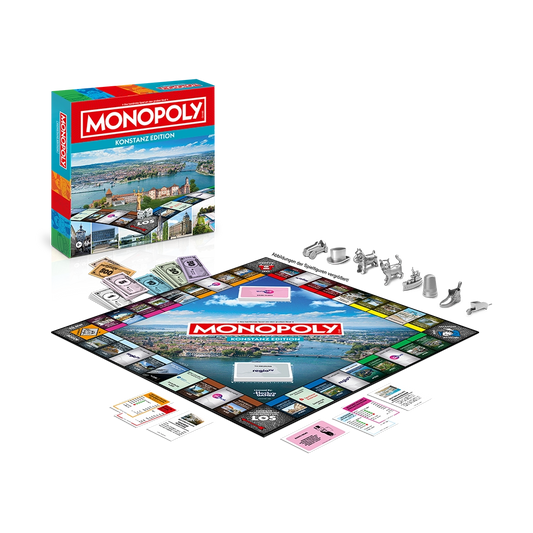 Monopoly Konstanz Spielbrett mit Geldscheinen, Metallspielfiguren und Ereigniskarten