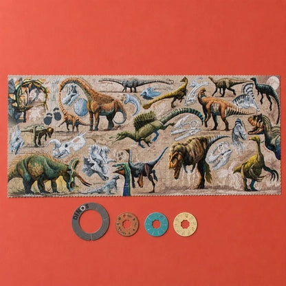 Londji Dino Explorer Puzzle, zusammengelegtes 350-Teile-Puzzle mit Dinosauriern in Braun und Grün auf beigem Untergrund