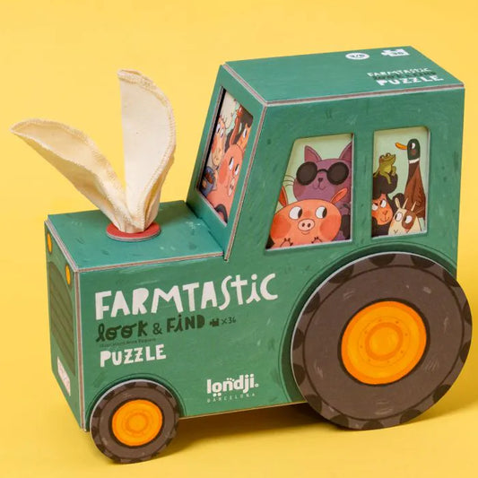 Londji Farmtastic: Schachtel in Form eines grünen Traktors mit orangen Rädern