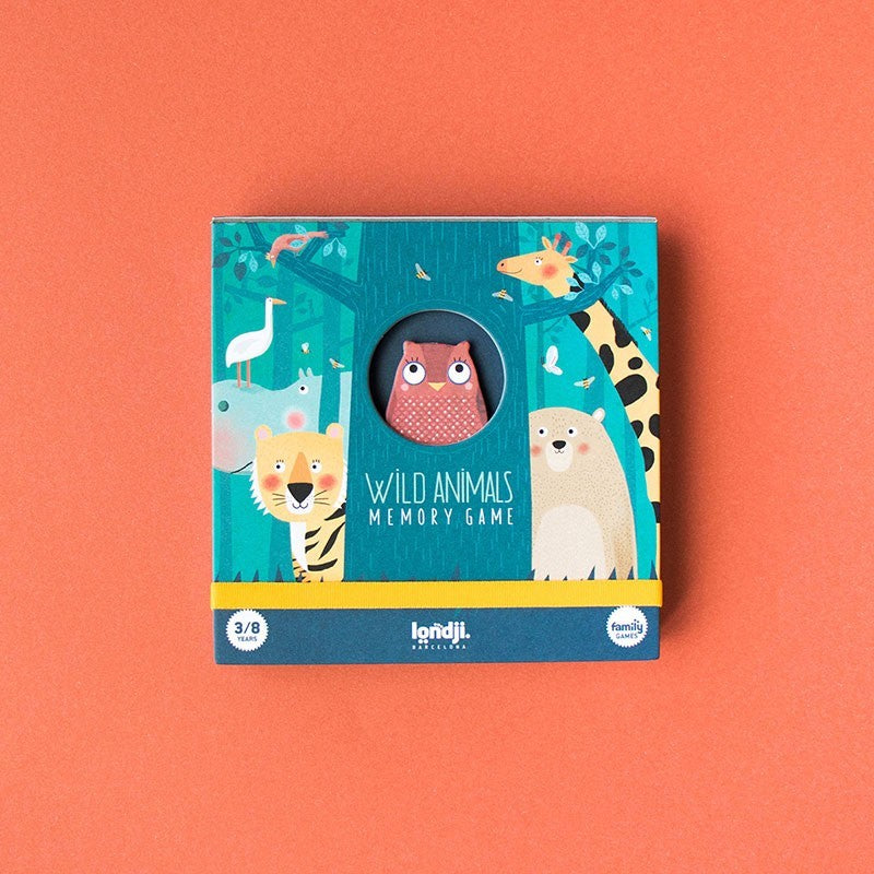 Verpackung des Londji Wild Animals Memory mit Eule, Tiger, Giraffe und Bär auf türkisem Grund