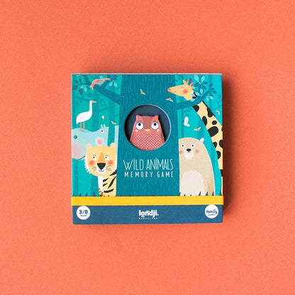 Verpackung des Londji Wild Animals Memory mit Eule, Tiger, Giraffe und Bär auf türkisem Grund
