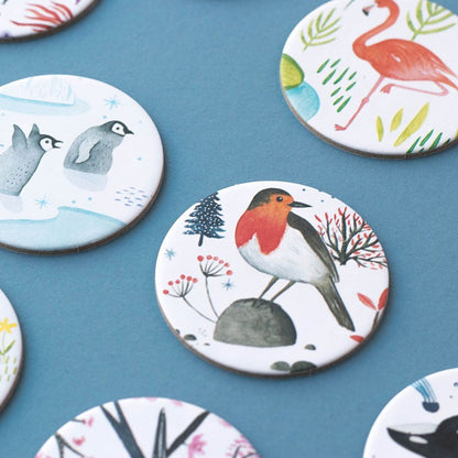Londji Wildlife Memory, fünf runde Spielkarten mit Vögeln, Flamingo, Rotkehlchen und Pflanzen
