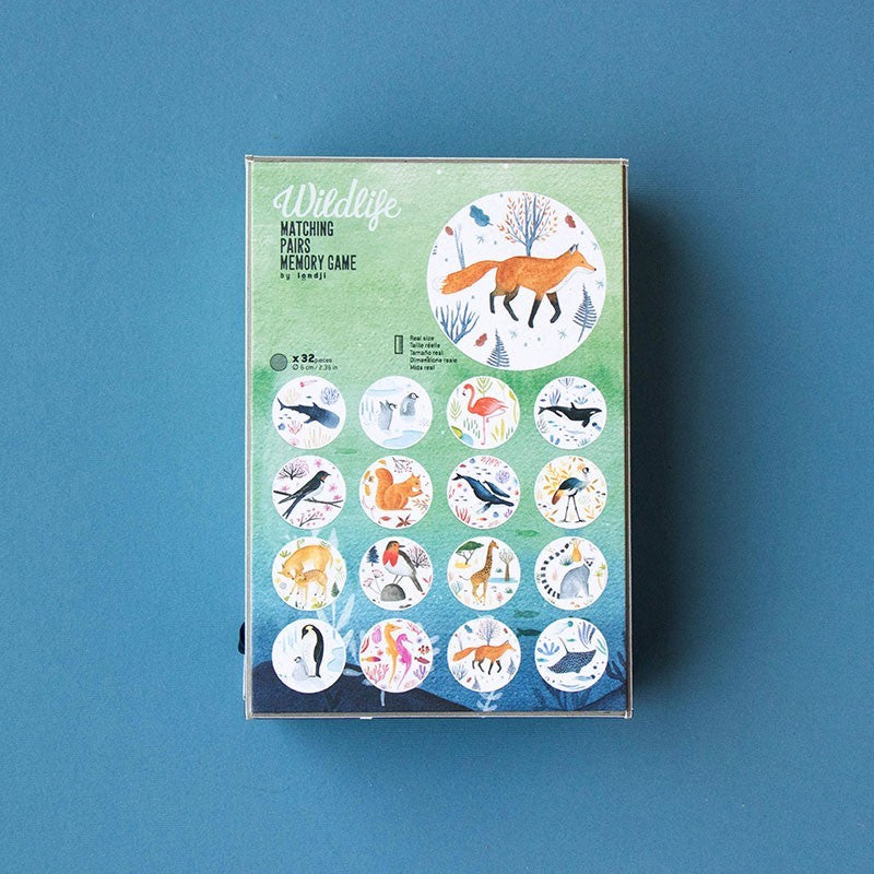 Londji Wildlife Memory Verpackung mit Fuchs-Motiv oben und Raster aus Spielkarten mit Waldtieren