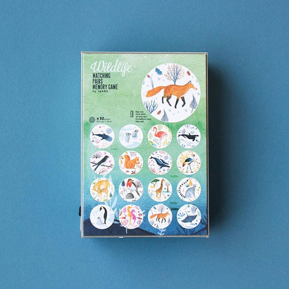 Londji Wildlife Memory Verpackung mit Fuchs-Motiv oben und Raster aus Spielkarten mit Waldtieren