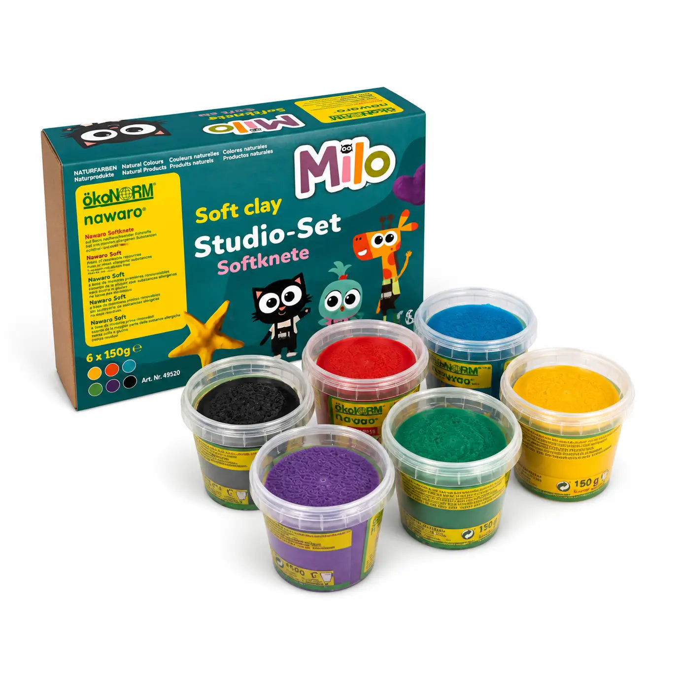Ökonorm - Nawaro  SOFT-Knete Milo, 6er Set - schwarz, orange, türkis, violett, grün, gelb
