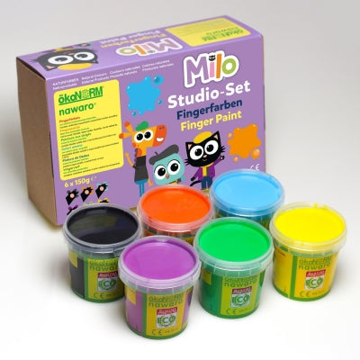 Ökonorm - Nawaro Fingerfarben Milo, 6er Set -schwarz, orange, türkis, violett, grün, gelb