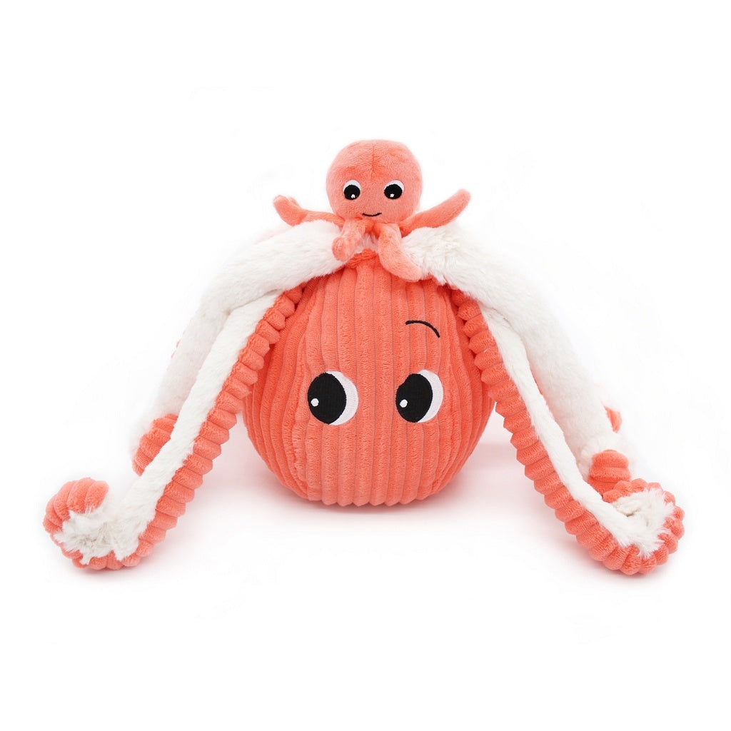 Mama und Baby Oktopus Kuscheltier Les Déglingos in Korallenrot, 45 cm groß