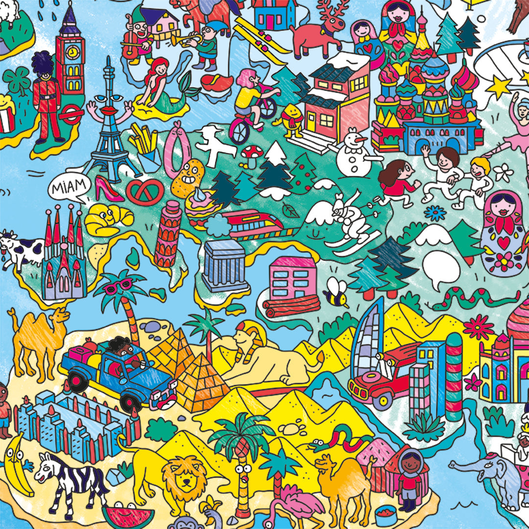 OMY Atlas-Ausmalposter ausgebreitet: bunte Weltkarte mit Sehenswürdigkeiten, Tieren und Landschaften zum Ausmalen