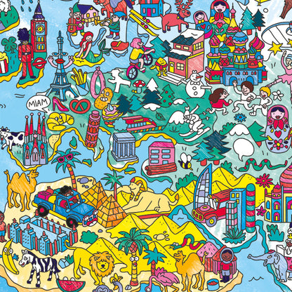 OMY Atlas-Ausmalposter ausgebreitet: bunte Weltkarte mit Sehenswürdigkeiten, Tieren und Landschaften zum Ausmalen
