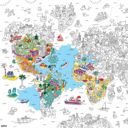OMY Atlas-Ausmalposter Detailausschnitt: bunte Weltkarte mit Gebäuden und Schiffen, graue Ausmalfelder rundherum