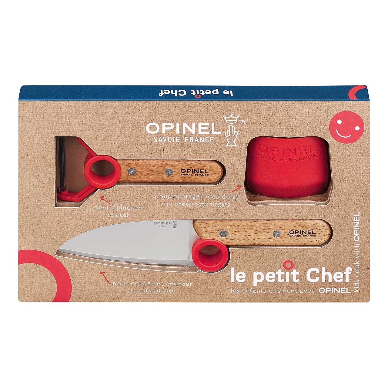 Opinel Le Petit Chef Kindermesser-Set mit rotem Messer, Sparschäler und Fingerschutz