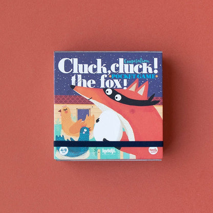 Verpackung Londji Cluck Cluck The Fox mit Huhn und Fuchs auf blauem und korallenrotem Hintergrund