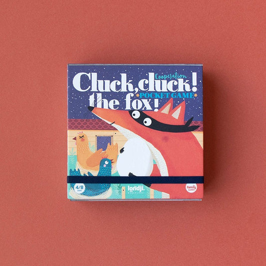 Verpackung Londji Cluck Cluck The Fox mit Huhn und Fuchs auf blauem und korallenrotem Hintergrund