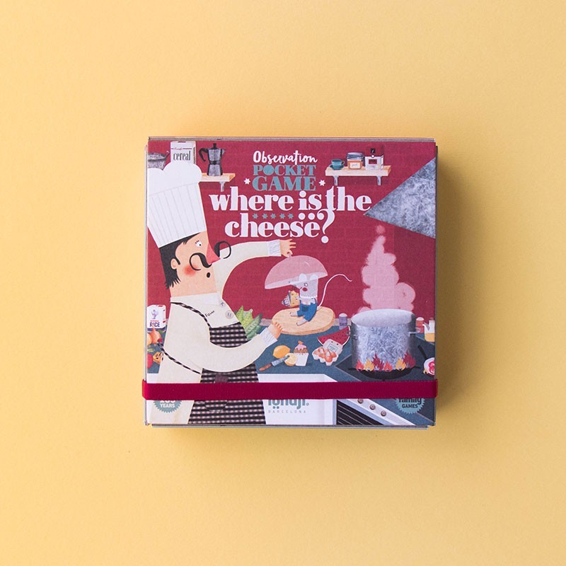 Londji Where is the Cheese Verpackung mit burgundroter Vorderseite, Koch und Käse-Schriftzug
