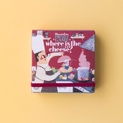 Londji Where is the Cheese Verpackung mit burgundroter Vorderseite, Koch und Käse-Schriftzug