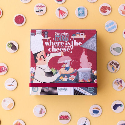 Londji Where is the Cheese Pocket Game mit burgundroter Verpackung, umgeben von bunten Spielchips auf gelbem Hintergrund