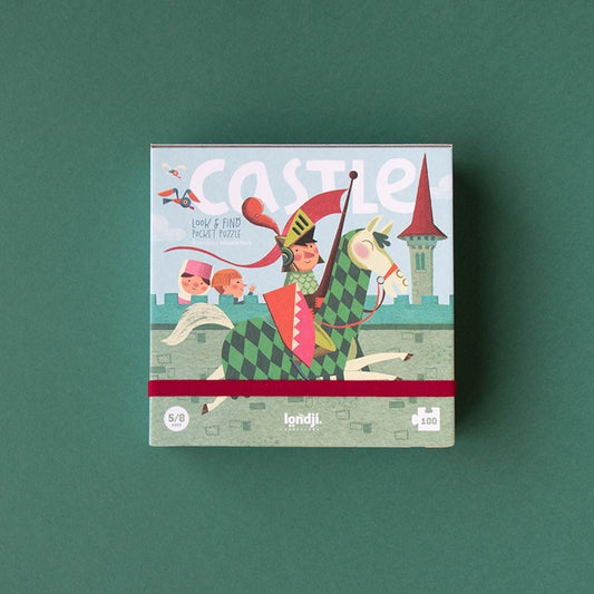 Londji Castle Pocket Puzzle Verpackung mit Ritter auf grünem Pferd vor Schloss mit rotem Turm
