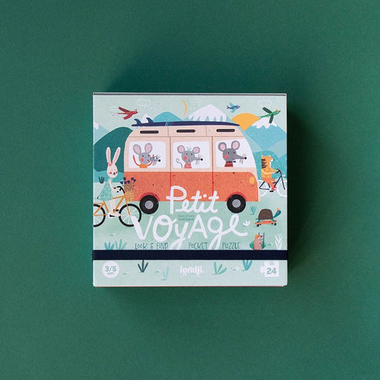 Londji Petit Voyage Pocket Puzzle Verpackung mit orangefarbenem Bus und Tieren auf türkisem Hintergrund