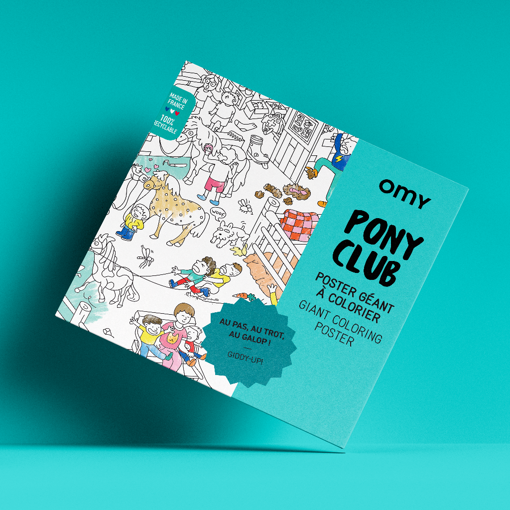 OMY Pony Club Riesen-Ausmalposter, Verpackung mit türkisem Karton und illustriertem Ausmalmotiv