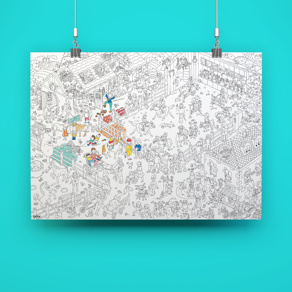 OMY Ponyclub-Riesen-Ausmalposter hängend an zwei Schnüren, großformatiges Papier mit schwarz-weißem Motiv und bunten Details