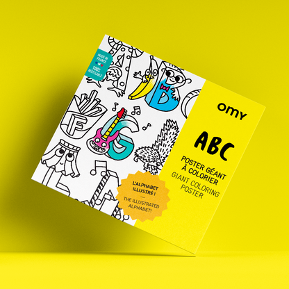 OMY ABC-Riesen-Ausmalposter, Verpackung mit gelbem Cover und Ausmalposter mit Tiermotiven