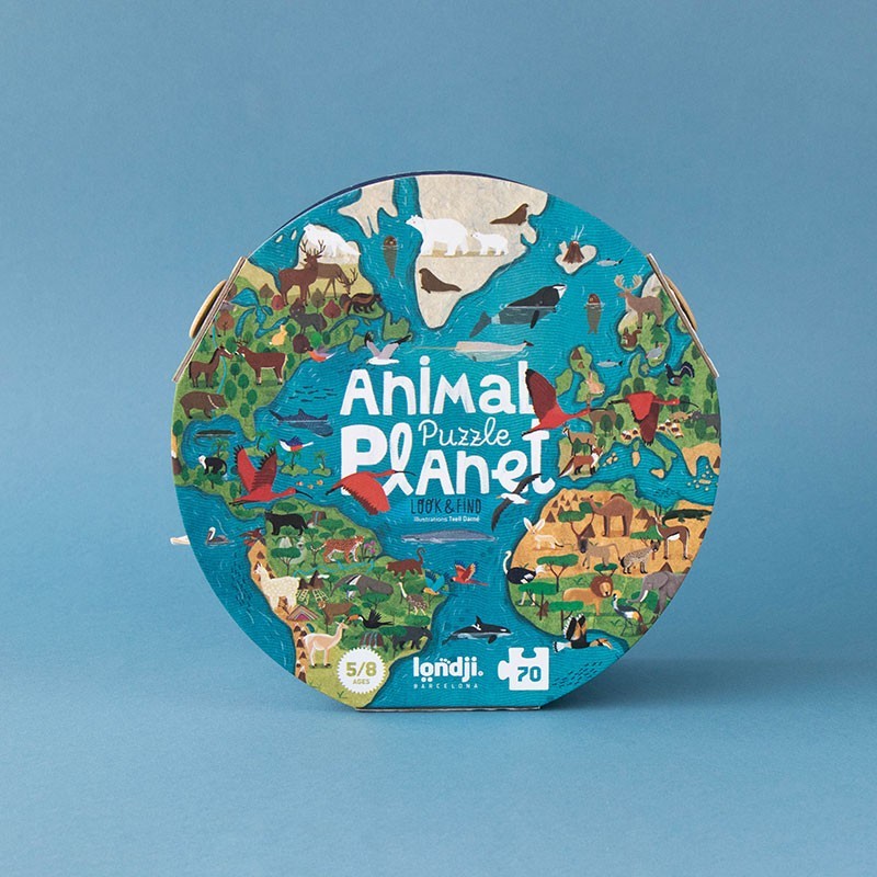 Londji Animal Planet Puzzle, runde Kartonverpackung mit bunten Tiermotiven in verschiedenen Lebensräumen