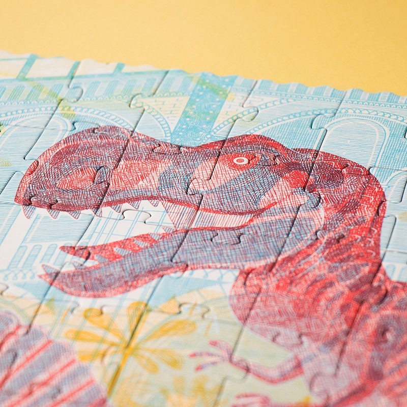Londji Discover the Dinosaurs Puzzle, Detail mit rot gezeichnetem Tyrannosaurus