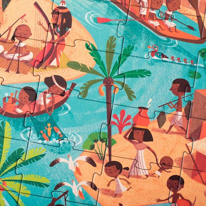 Londji Go to the Pyramids Puzzle, teilweise zusammengepuzzeltes Bild mit Menschen, Palmen und Booten