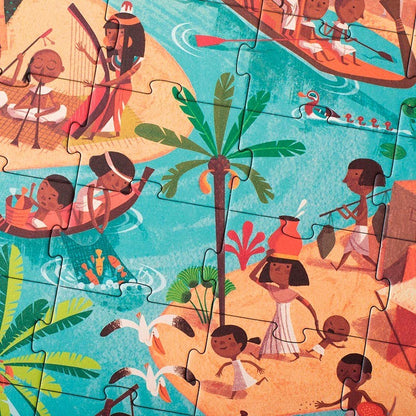 Londji Go to the Pyramids Puzzle, teilweise zusammengepuzzeltes Bild mit Menschen, Palmen und Booten
