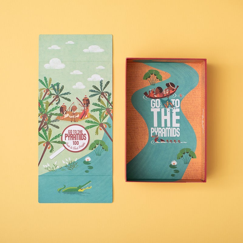 Londji Go to the Pyramids Puzzle, Schachtel und aufgeklappte Verpackung mit ägyptischen Motiven