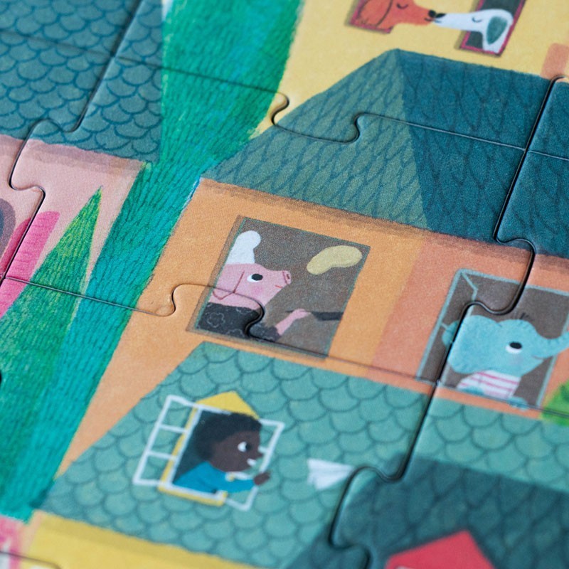 Londji Look Up Puzzle, zusammengesetzte Teile mit bunten Häuserdächern und Fensterdetails mit Figuren