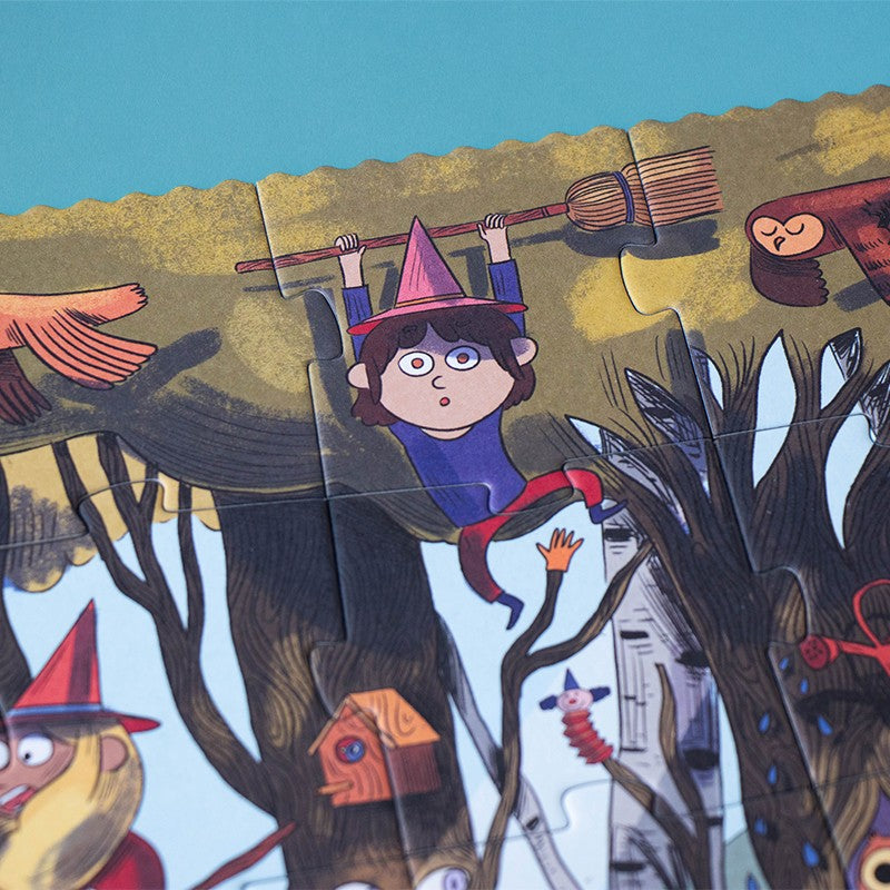 Londji Magic World Puzzle, Detail mit Kind mit Zauberhut zwischen den Bäumen