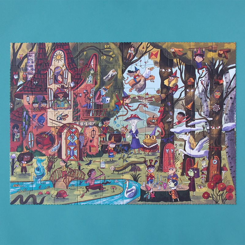 Londji Magic World Puzzle vollständig zusammengesetzt, bunte Fantasy-Szenen mit Figuren und magischen Elementen