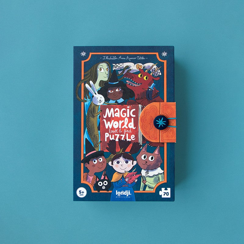 Londji Magic World Puzzle Verpackung mit bunten Fantasy-Figuren und orange-blauem Design auf türkisblauem Hintergrund