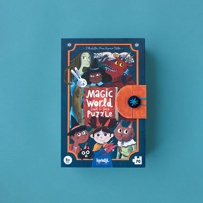 Londji Magic World Puzzle Verpackung mit bunten Fantasy-Figuren und orange-blauem Design auf türkisblauem Hintergrund