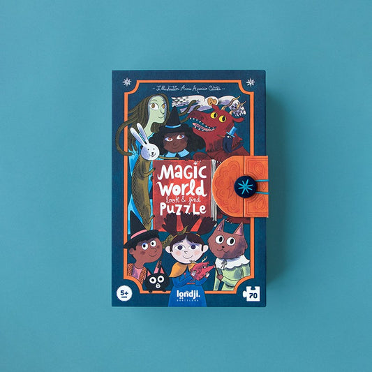 Londji Magic World Puzzle Verpackung mit bunten Fantasy-Figuren und orange-blauem Design auf türkisblauem Hintergrund