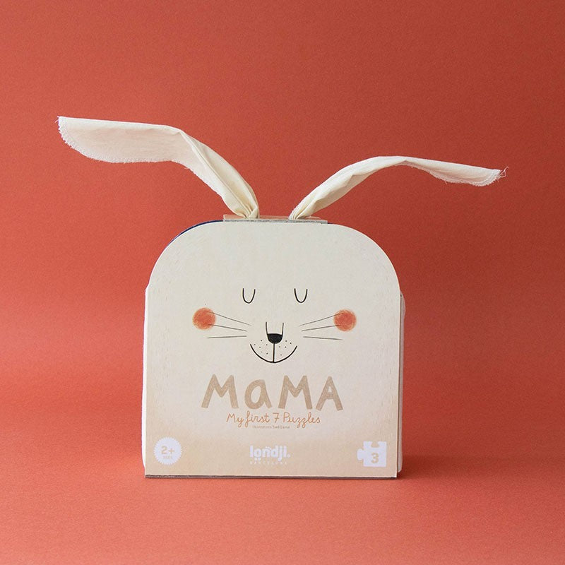 Londji Mama My First 7 Puzzles, Verpackung als weiße Schachtel mit Hasenkopf und langen Ohren
