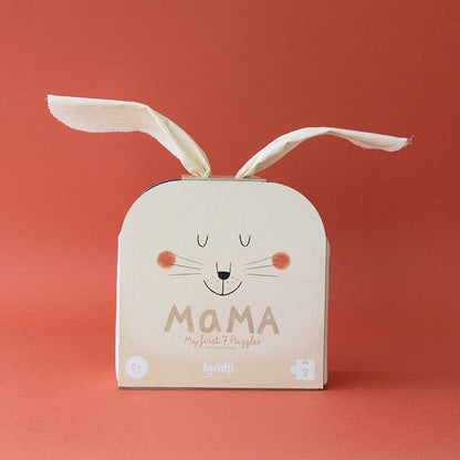 Londji Mama My First 7 Puzzles, Verpackung als weiße Schachtel mit Hasenkopf und langen Ohren