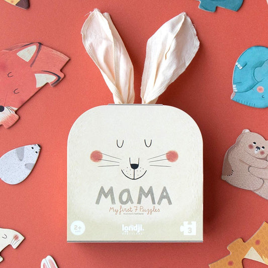 Londji Mama My First 7 Puzzles, Verpackung mit weißem Hasengesicht und Ohren auf rotem Hintergrund