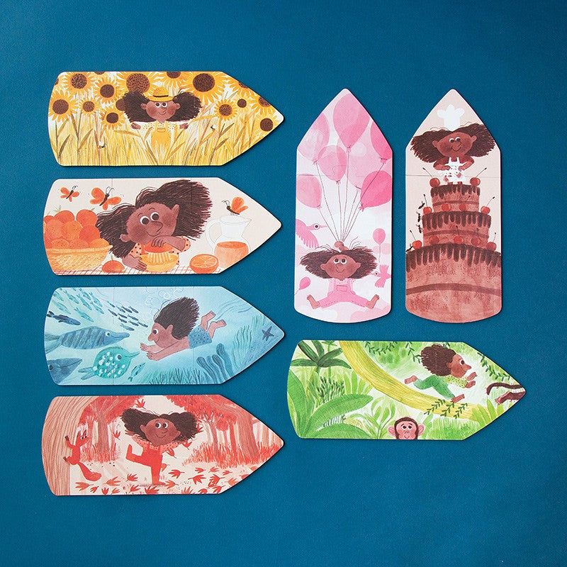 Londji My Colours: die Rückseiten der sieben Stift-Puzzles mit kleinen illustrierten Szenen
