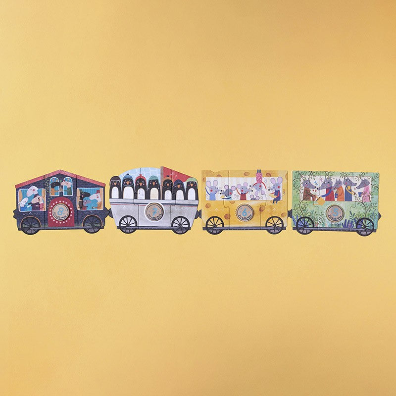Londji My Little Train Puzzle, vier bunte Zugwagen nebeneinander auf gelbem Grund