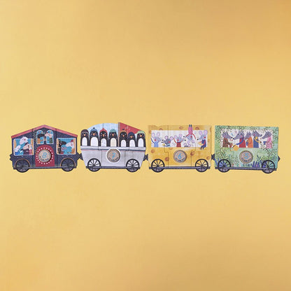 Londji My Little Train Puzzle, vier bunte Zugwagen nebeneinander auf gelbem Grund