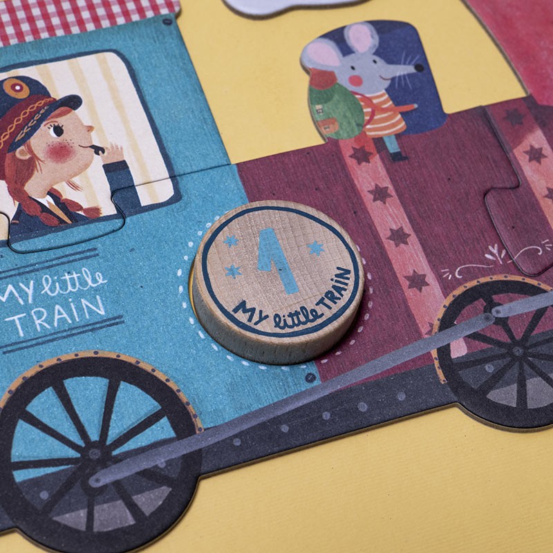 Londji My Little Train Puzzle, Waggon mit runder Holzscheibe mit der Zahl 1 und Schriftzug My little Train
