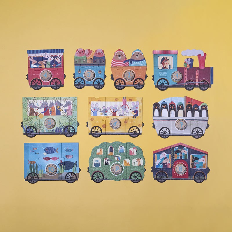 Londji My Little Train Puzzle, Lok und Waggons des Zuges in drei Reihen auf gelbem Grund