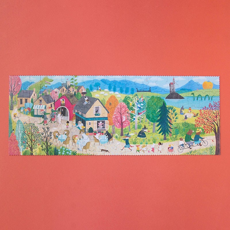 Londji Once Upon a Time Puzzle, buntes Märchen-Panorama mit Dorf, Schloss, Wald und See
