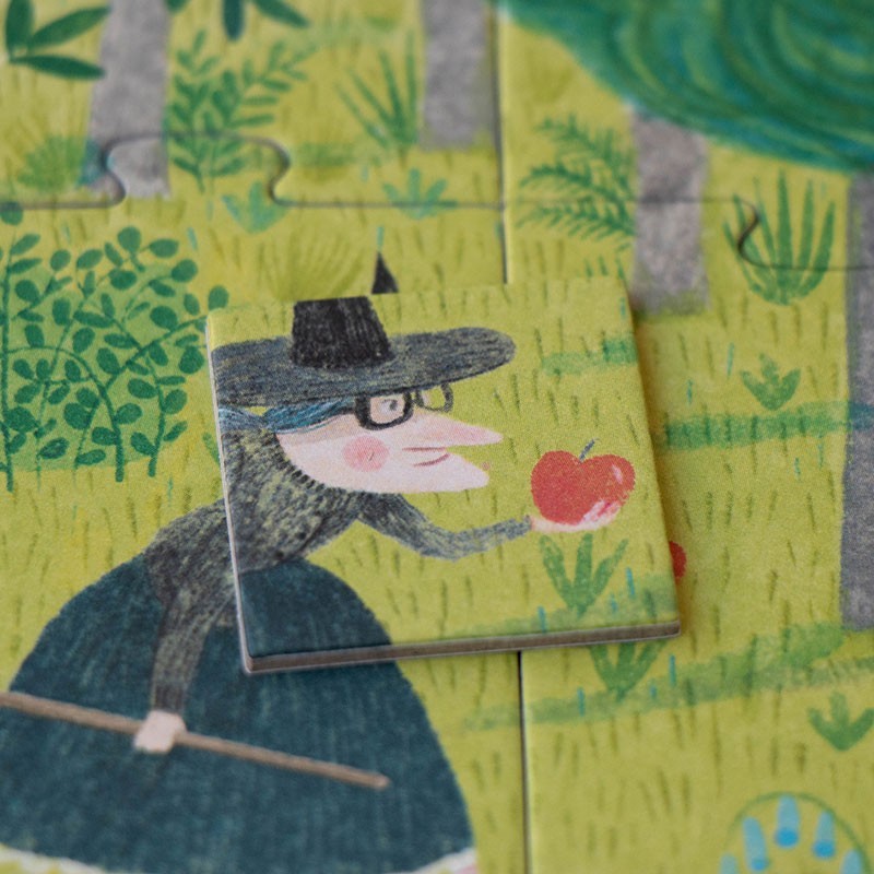 Londji Once Upon a Time Puzzle, Teil mit Hexe mit Hut und Brille, die einen roten Apfel hält