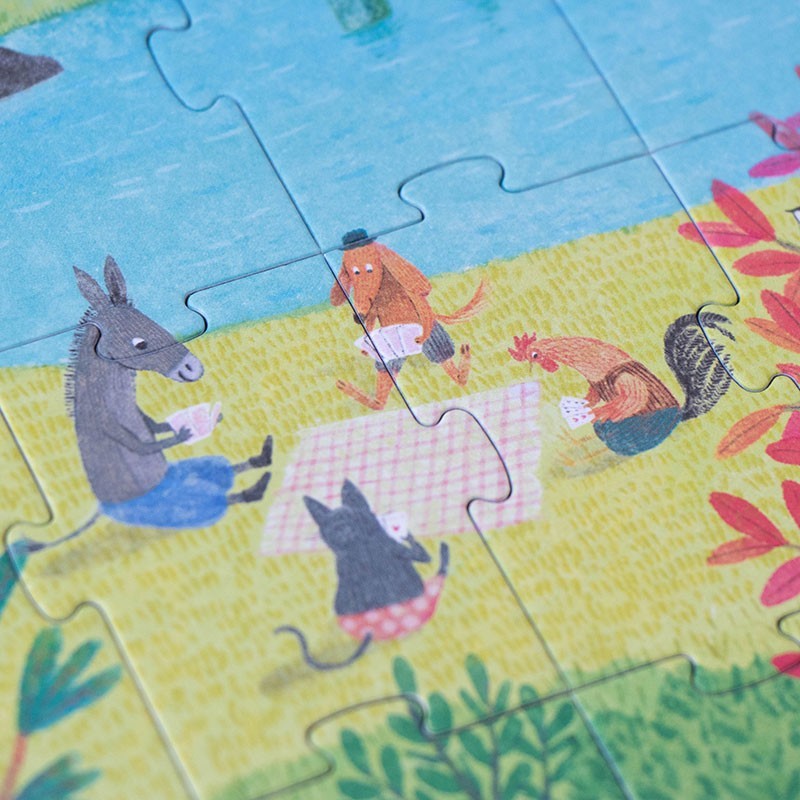 Londji Once Upon a Time Puzzle, Detail mit Esel und weiteren Tierfiguren beim Picknick auf der Wiese